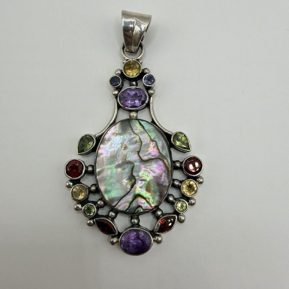 VTG Sterling Silver 925 Abalone Pendant Garnet Amethyst Peridot Citrine 20.7g